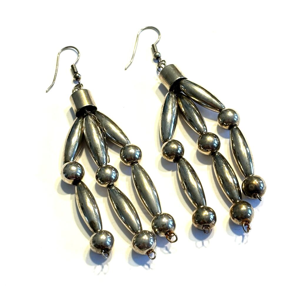Tribal Pierced earrings long silver beads drop & dangle style southwestern Boho